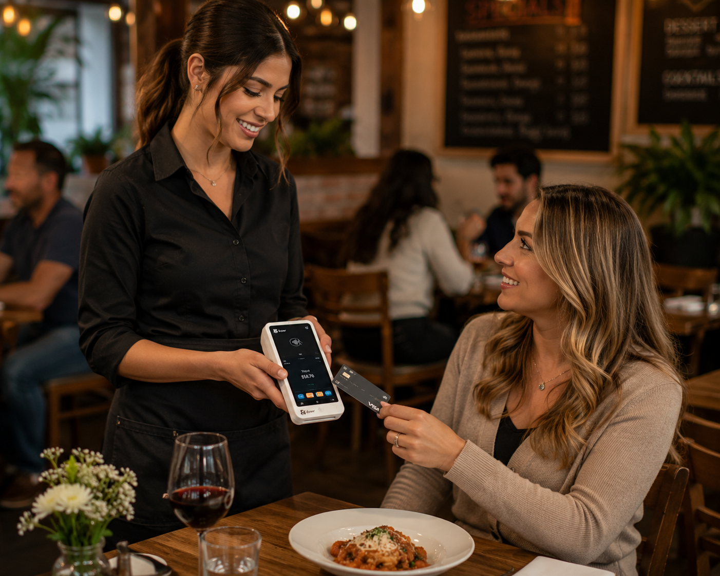 Smiling restaurant server taking a contactless tap-to-pay payment at a guest's table on a handheld terminal