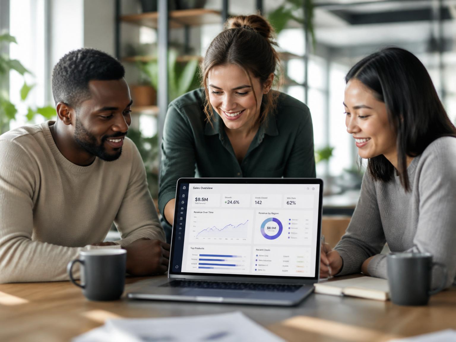 Diverse business team reviewing a modern sales dashboard on a laptop