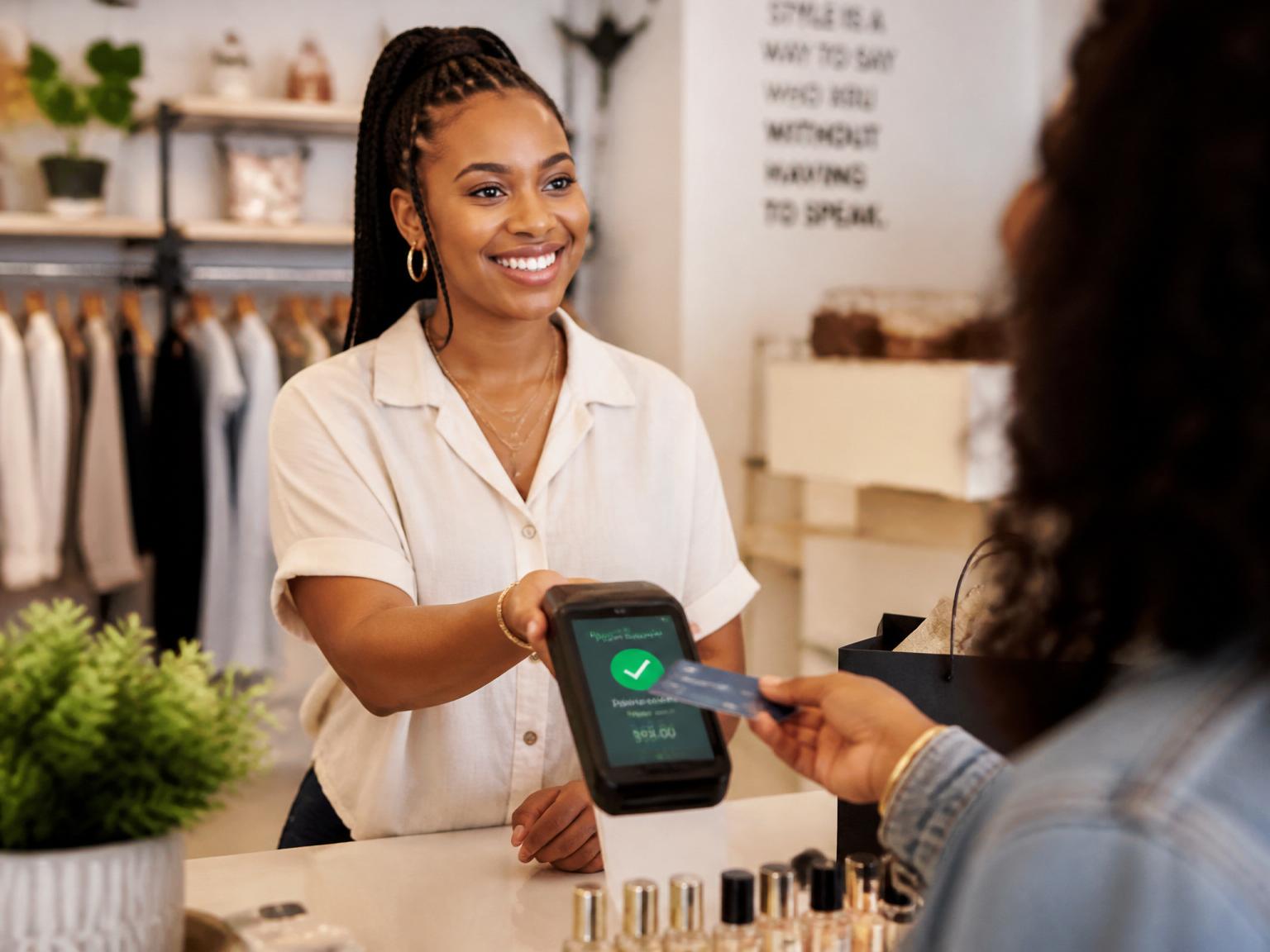 Boutique owner handing a contactless payment terminal to a customer mid tap-to-pay transaction
